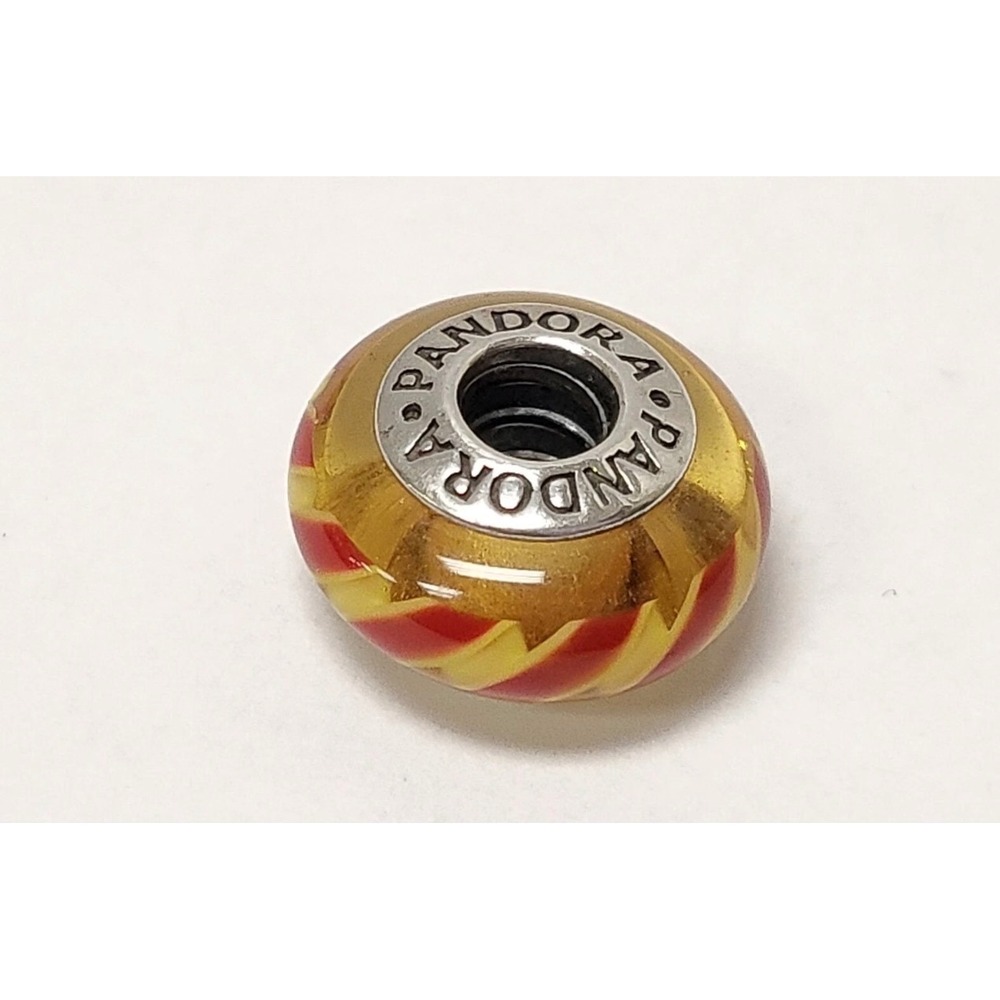 Pandora Murano Glass Charm Red Yellow Candy Stripe Sterling Silver 925 ALE Bead